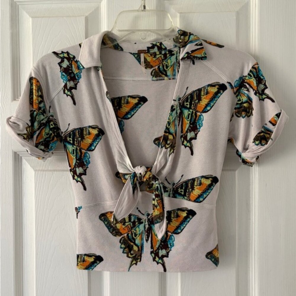 Free People Multicolor Butterfly Tie-Front Blouse
